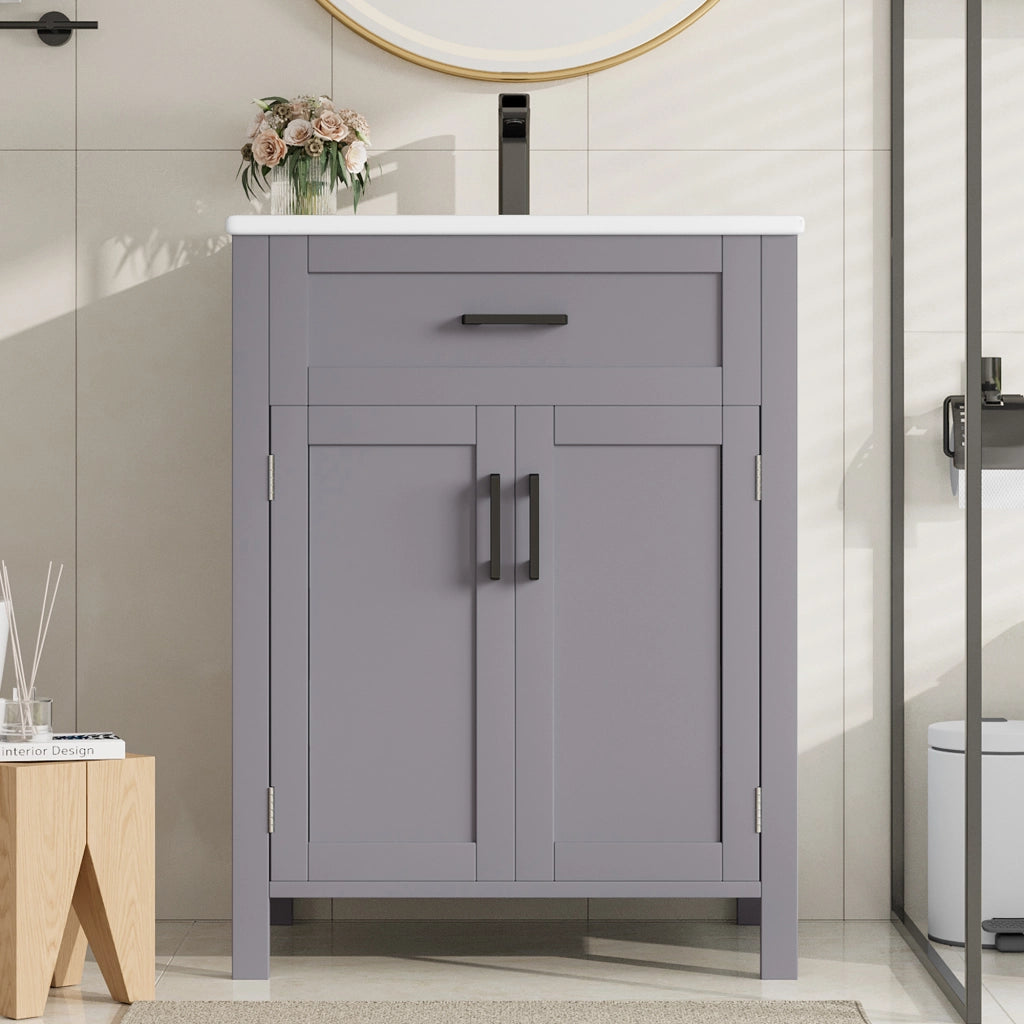 Mobile bagno da terra con lavabo in ceramica integrato, 60x46x84,8 cm, grigio, doppia anta, cassetti e ripiani regolabili