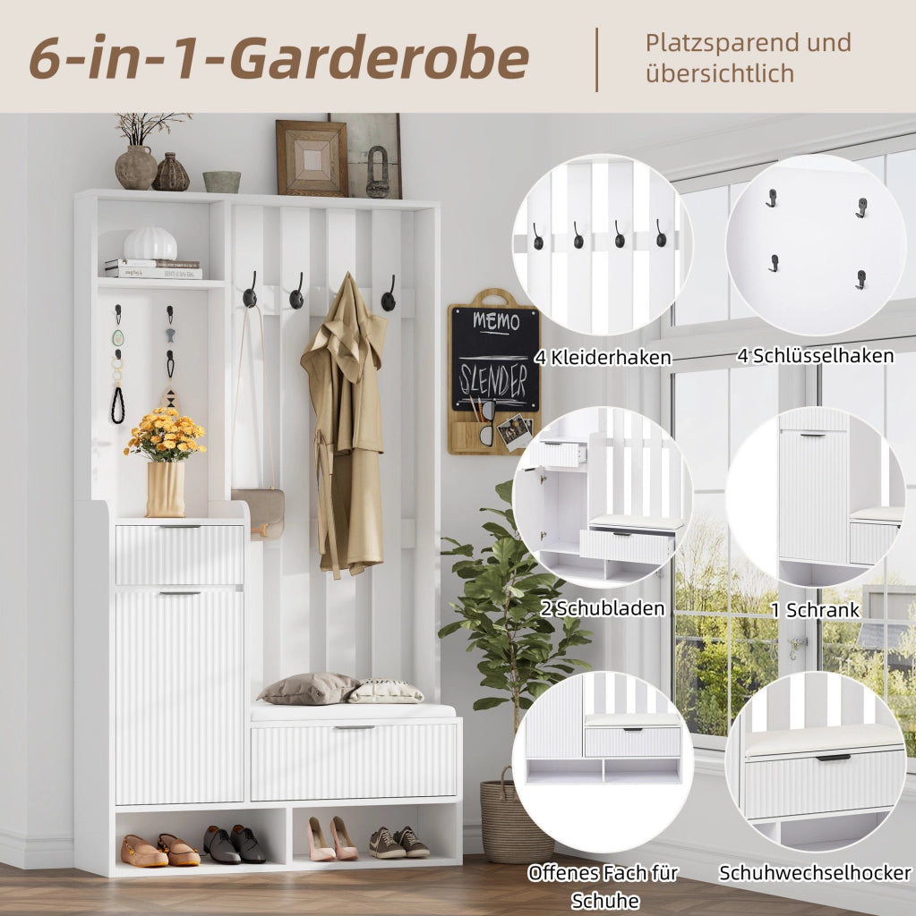 Mobile ingresso 6 in 1 100x30x180 cm con panca; 8 ganci e cassetti; bianco