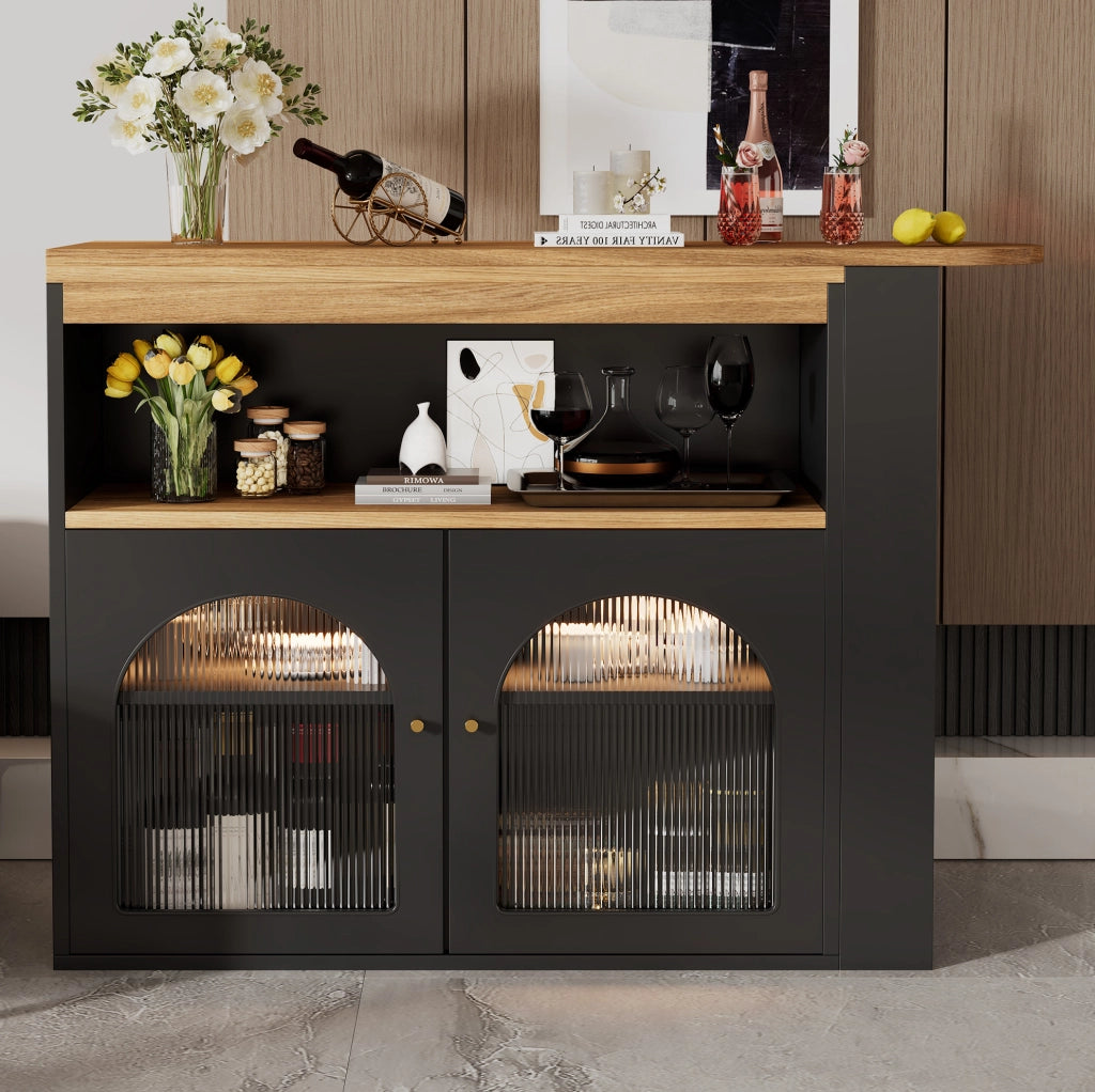 Tavolo bar girevole ed estensibile 138-193x39x105 cm con LED e ripiani; nero