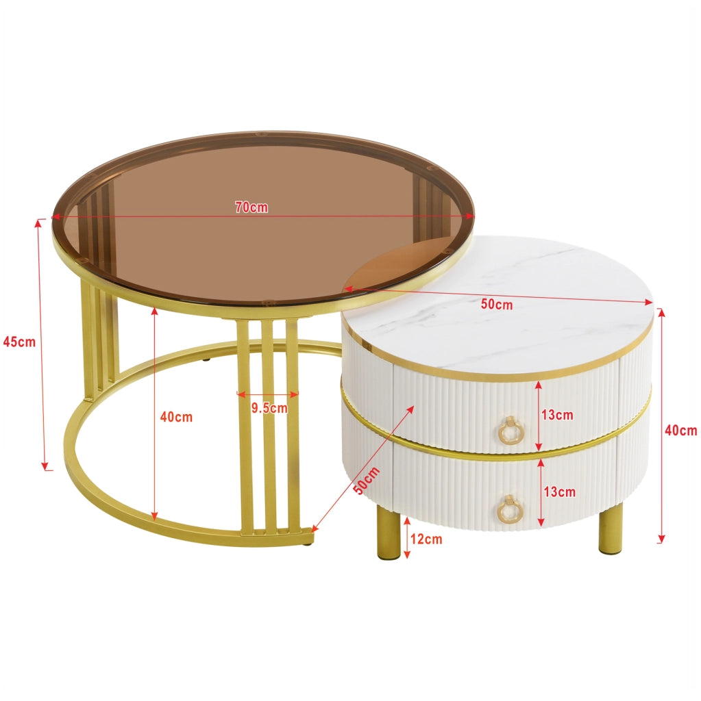 Set di 2 tavolini da caffè rotondi 70x70x45 + 50x50x40 cm in MDF e vetro bianco