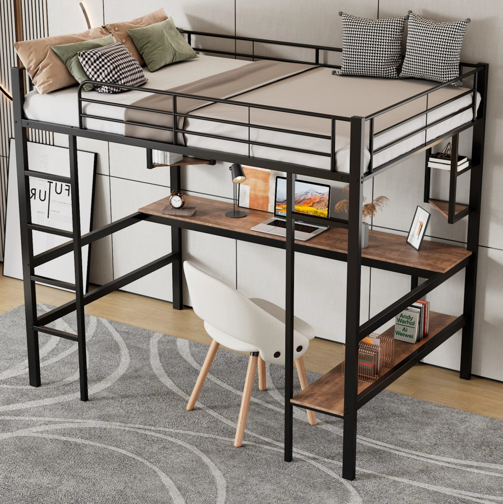 Letto a soppalco 90x200 cm in metallo con scrivania e libreria, nero