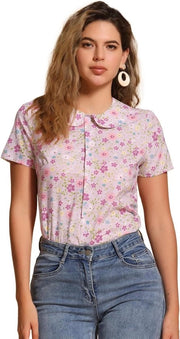Blusa da donna a fiori retro con cerniera e maniche corte in cotone
