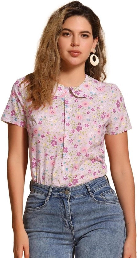 Blusa da donna a fiori retro con cerniera e maniche corte in cotone