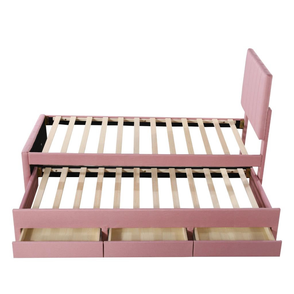 Letto con letto estraibile 90 × 200 cm con letto supplementare 90 × 190 cm e 3 cassetti rivestito in lino rosa