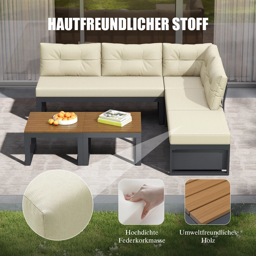 Set divano da giardino modulare beige con schienale regolabile a 3 posizioni e vano contenitore