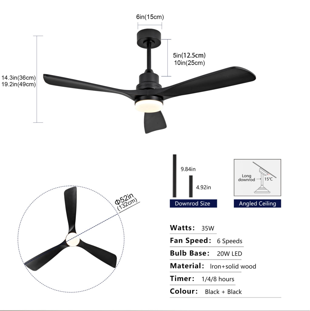 Ventilatore da soffitto 52" con 3 pale in legno massello; LED dimmerabile 3CCT; nero