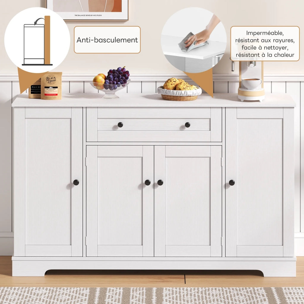 Credenza multifunzione 138 cm con cassetto, ante a scaffale e ripiani regolabili. Design moderno con protezione anti-ribaltamento per cucina, soggiorno e camera