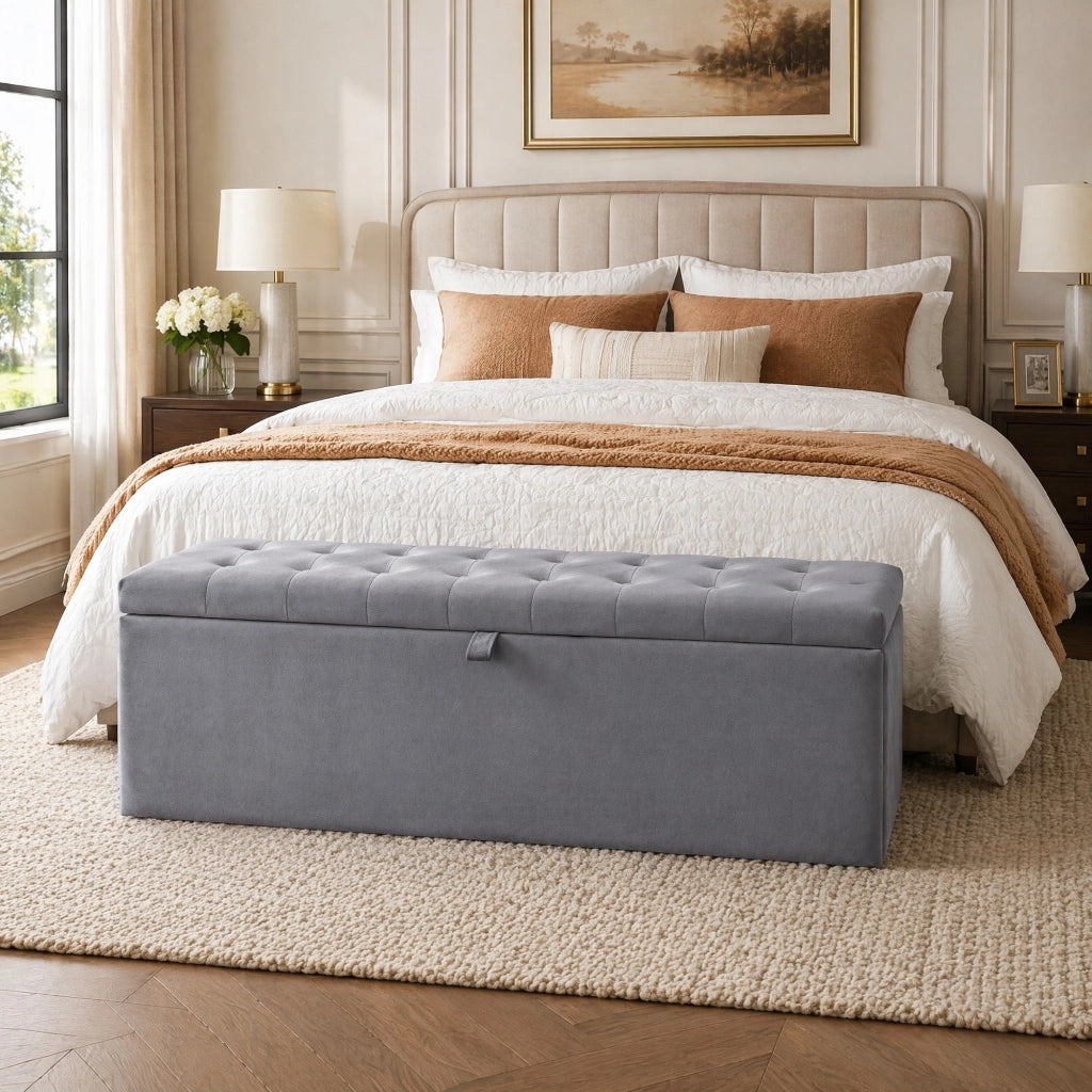 Ottomana contenitore in velluto grigio 138x41x42 cm