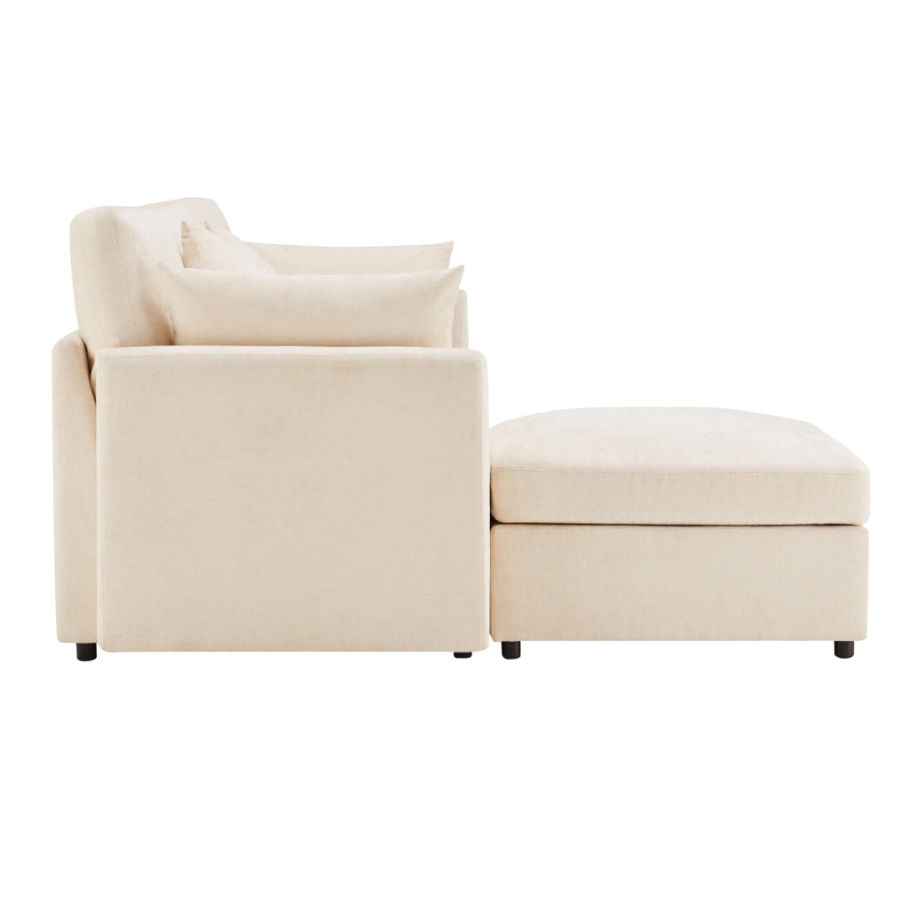 Divano modulare 3-4 posti con pouf mobile e 4 cuscini in chenille beige