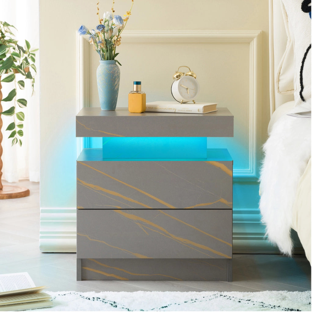 Comodino moderno DESMIU con luci LED regolabili e 2 cassetti, colore grigio oro