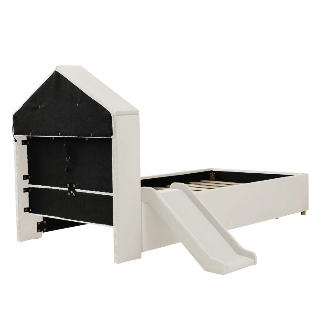LETTO Bambini Imbottito 90x200 cm Beige con Scivolo, LED e Porta di Ricarica