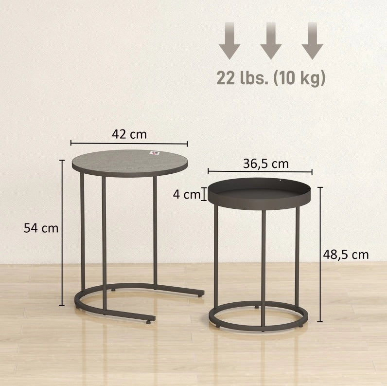 Set di 2 tavolini da salotto impilabili in MDF e metallo grigio, design con bordo alzato