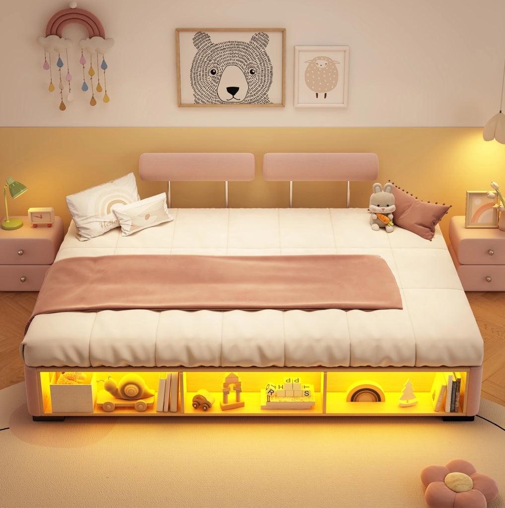 Letto imbottito rosa 140x200 cm per bambini con LED e ripiano laterale