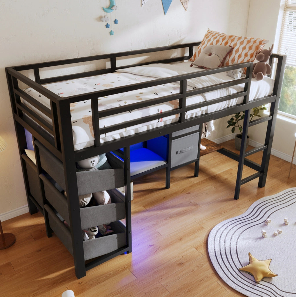 Letto a mezza altezza 90x200 cm con LED multicolore e contenitori in metallo nero