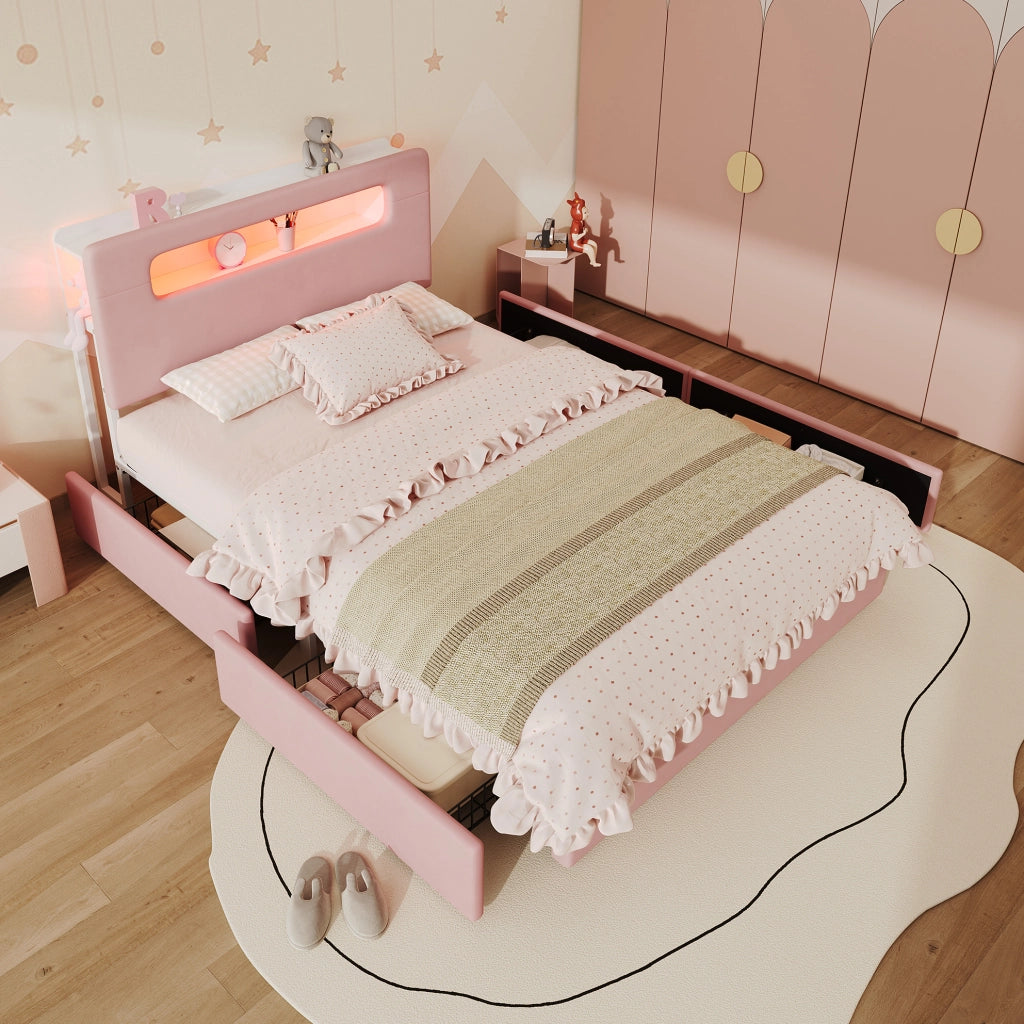 Letto imbottito ULEVR 140x200 cm rosa con 4 cassetti laterali, testiera con vano aperto e LED controllato tramite app