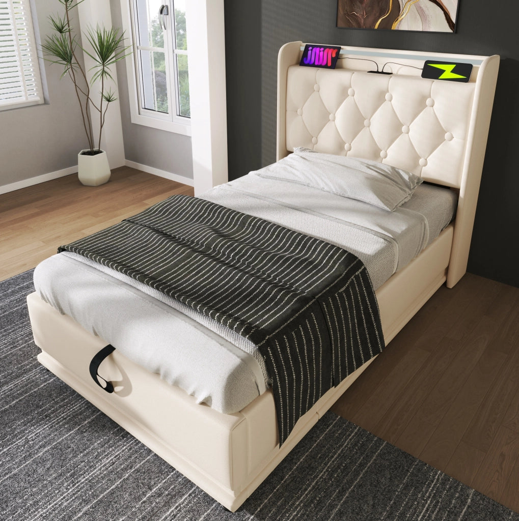 Letto singolo contenitore 90x200 cm bianco PU con LED e USB-C