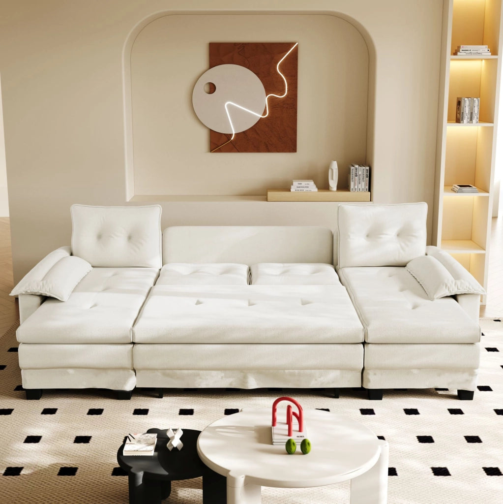 Divano letto modulare a U ULEVR 278x127 cm con letto estraibile, USB e cuscini rimovibili, beige