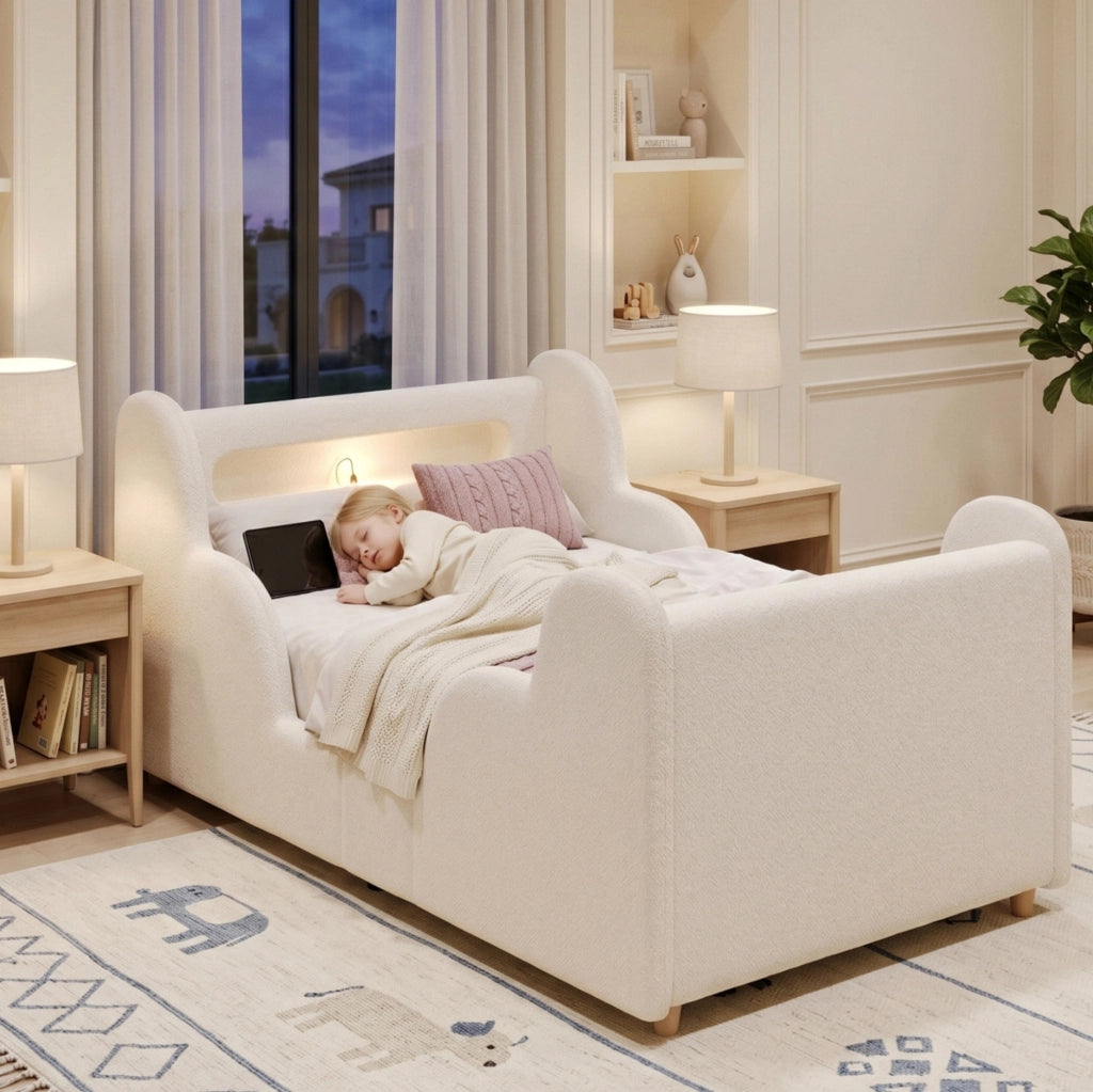 LETTO 90x200 cm imbottito con sponde, Bouclé beige, rete a doghe