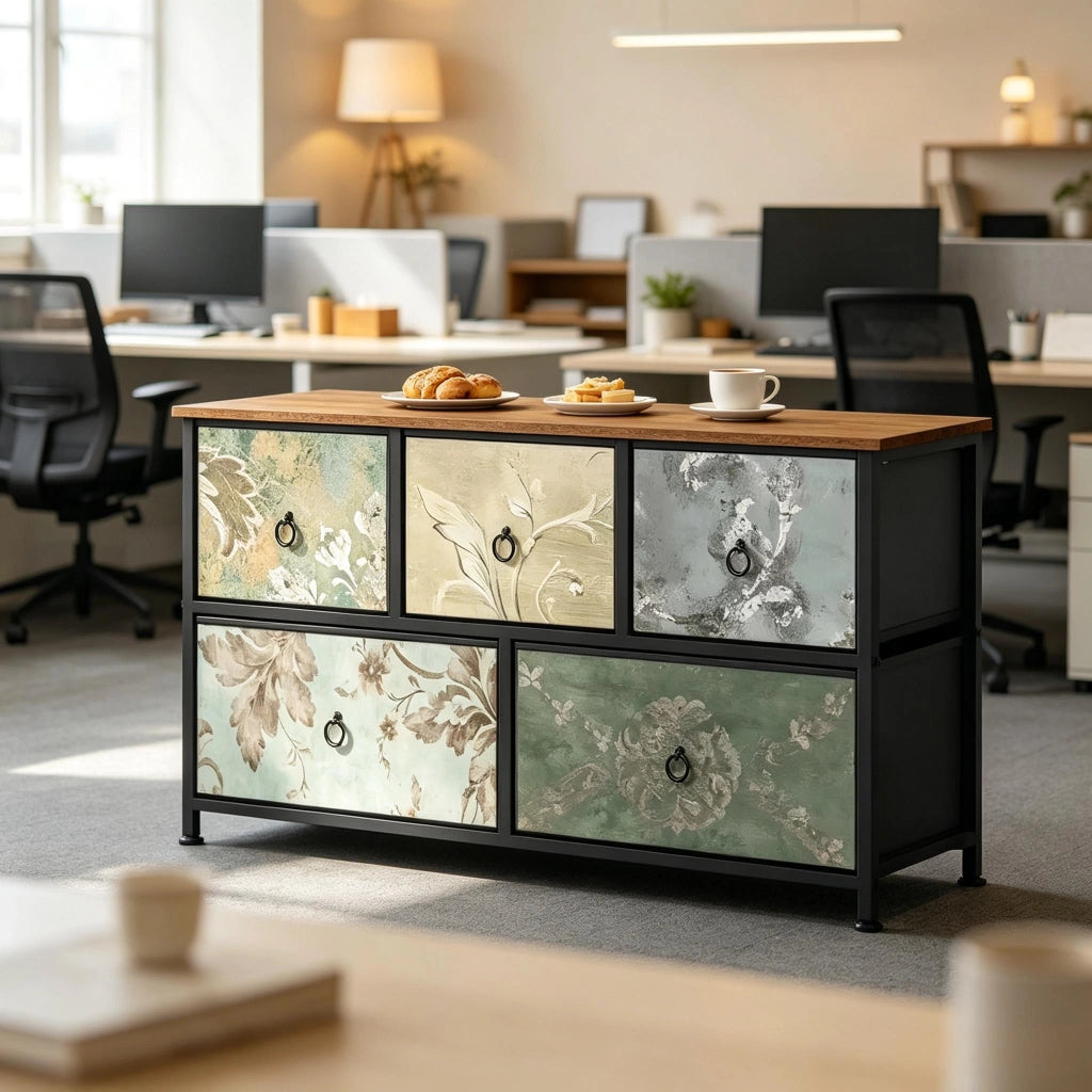 Mobile da ingresso con 5 cassetti in tessuto, stile industriale, MDF e metallo, multicolore, 100 × 30 × 54 cm