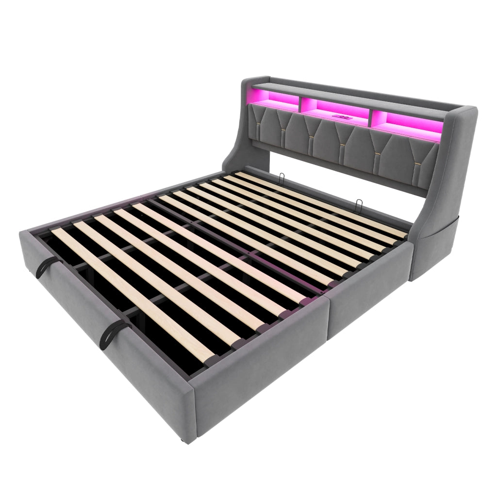 Letto contenitore 180 × 200 cm matrimoniale con prese; USB; Type-C; LED e mensole; senza materasso; velluto grigio
