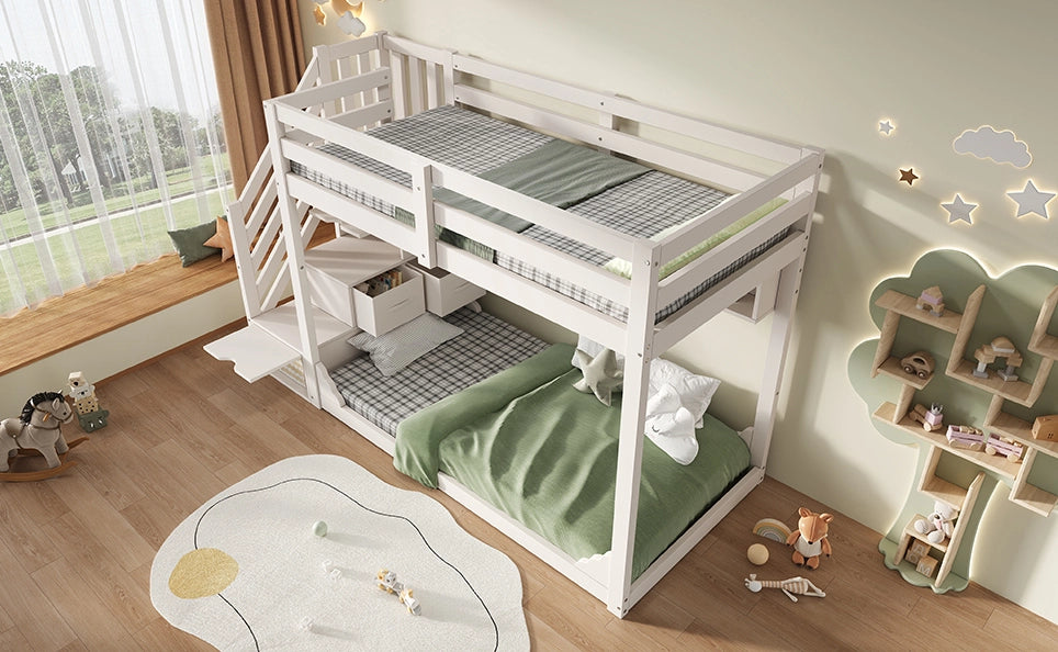 Letto a castello in legno bianco 90x200 cm per bambini con scala armadio e spazio contenitore, senza materasso