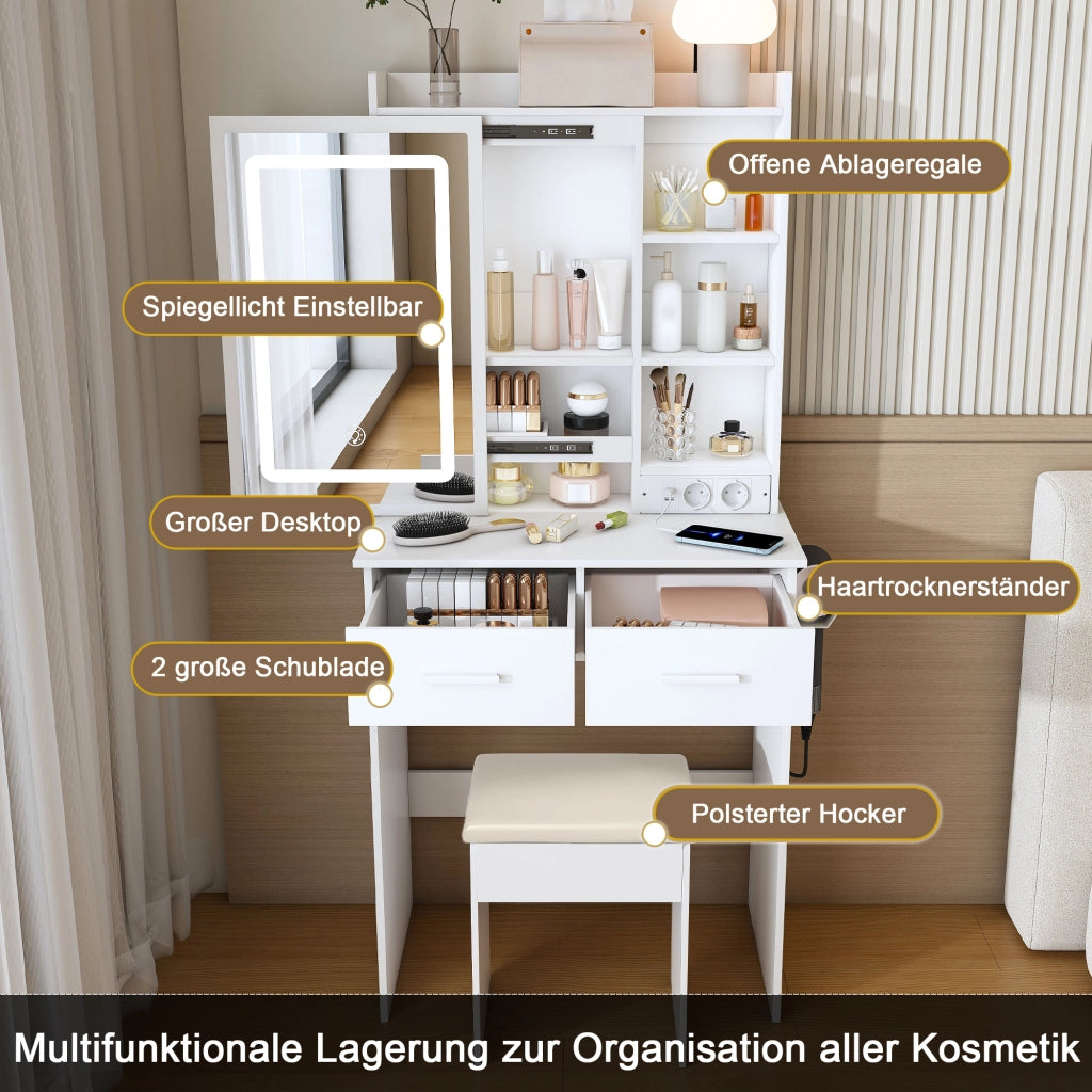 Toeletta con specchio LED regolabile; prese e USB; 2 cassetti e sgabello imbottito; MDF bianco