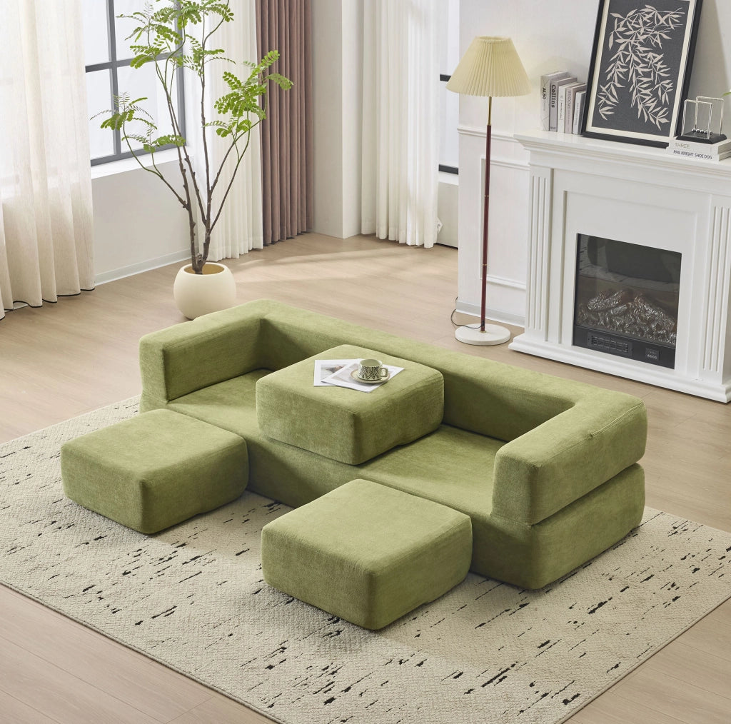 Divano modulare trasformabile in verde con 3 poggiapiedi, materasso in schiuma ad alta elasticità, divano-letto salvaspazio in tessuto ciniglia per monolocali e uffici domestici