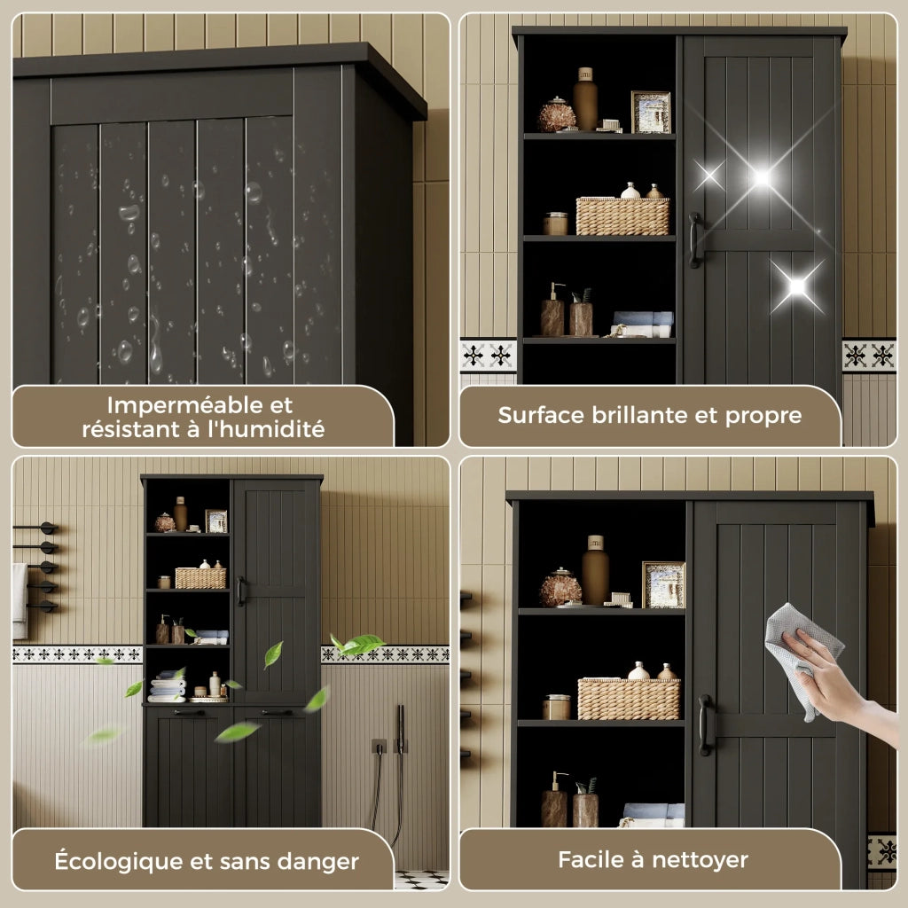 Mobile bagno nero con lavabo in ceramica integrato, superficie laccata. Lavabo 76x46,5x85,5 cm + armadio 78x35x172 cm. Include 2 ceste per biancheria.