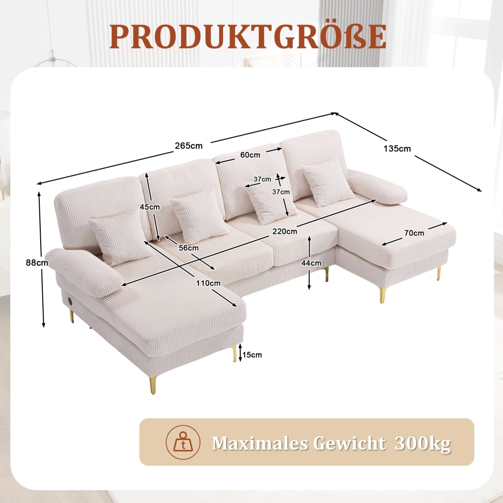Divano a U 265x135x88 cm con LED e porta USB in velluto beige