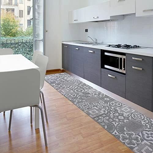 Tappeto Cucina 3D Passatoia Antiscivolo Piastrella Maiolica Grigio 57x230 cm