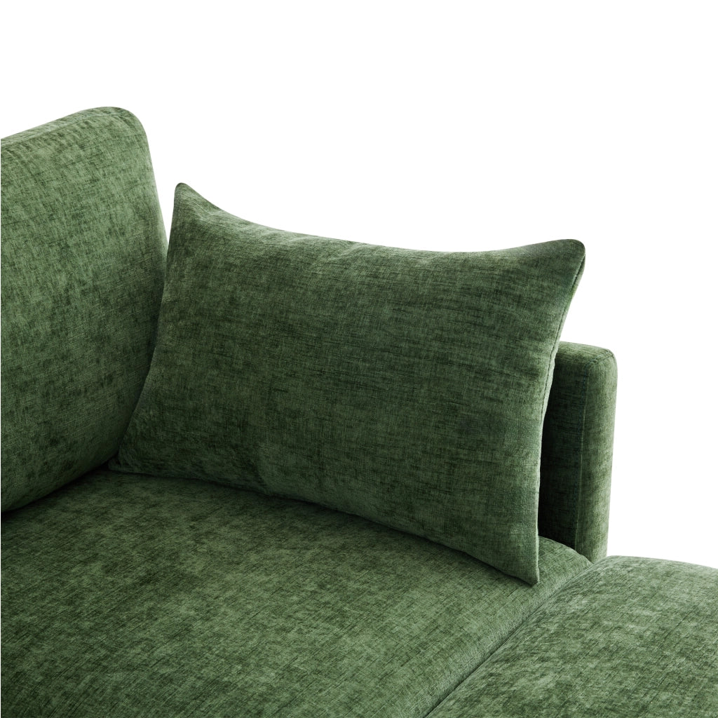 Divano modulare a L 216x161 cm con pouf mobile e 4 cuscini in ciniglia verde