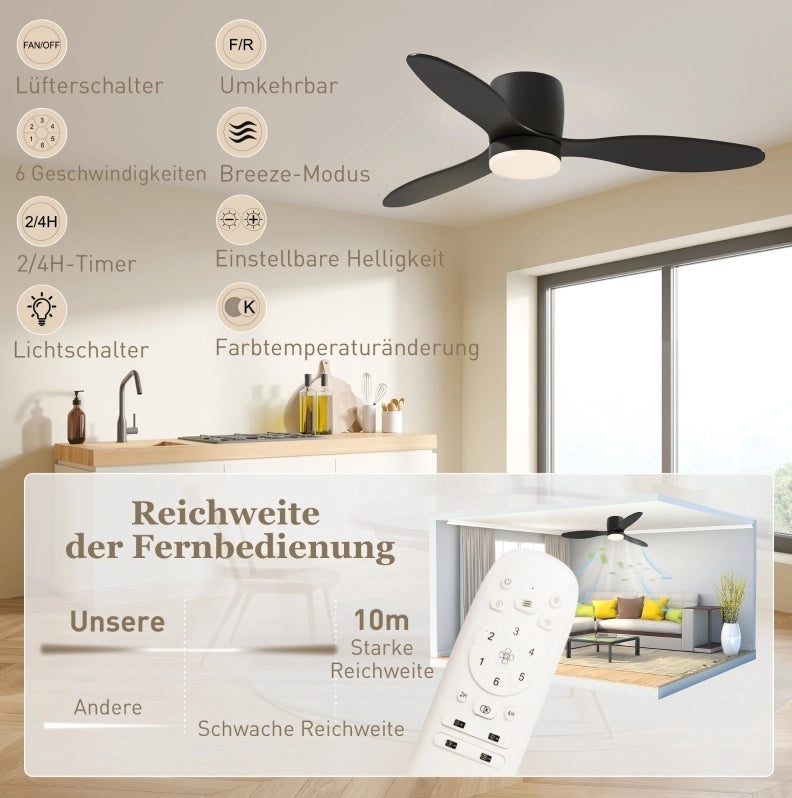 Ventilatore da soffitto ?115 cm con LED dimmerabile e motore DC reversibile in ABS nero