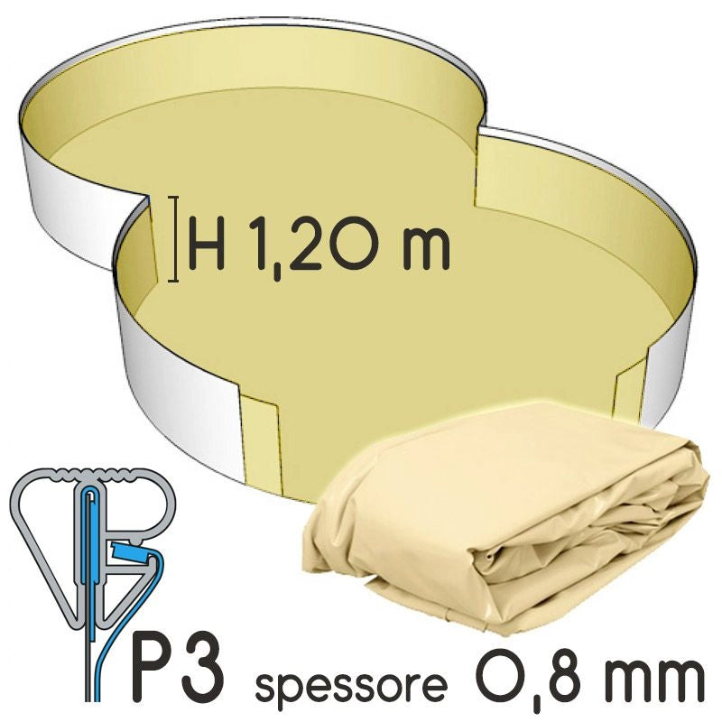 Liner Per Piscina A Forma Di Otto 6,50 X 4,20 H.1,50 M Sabbia - Attacco P3 - Spessore 0,80 Mm Altezza: 1.20 m, Tipo attacco: P3, Colore: Sabbia