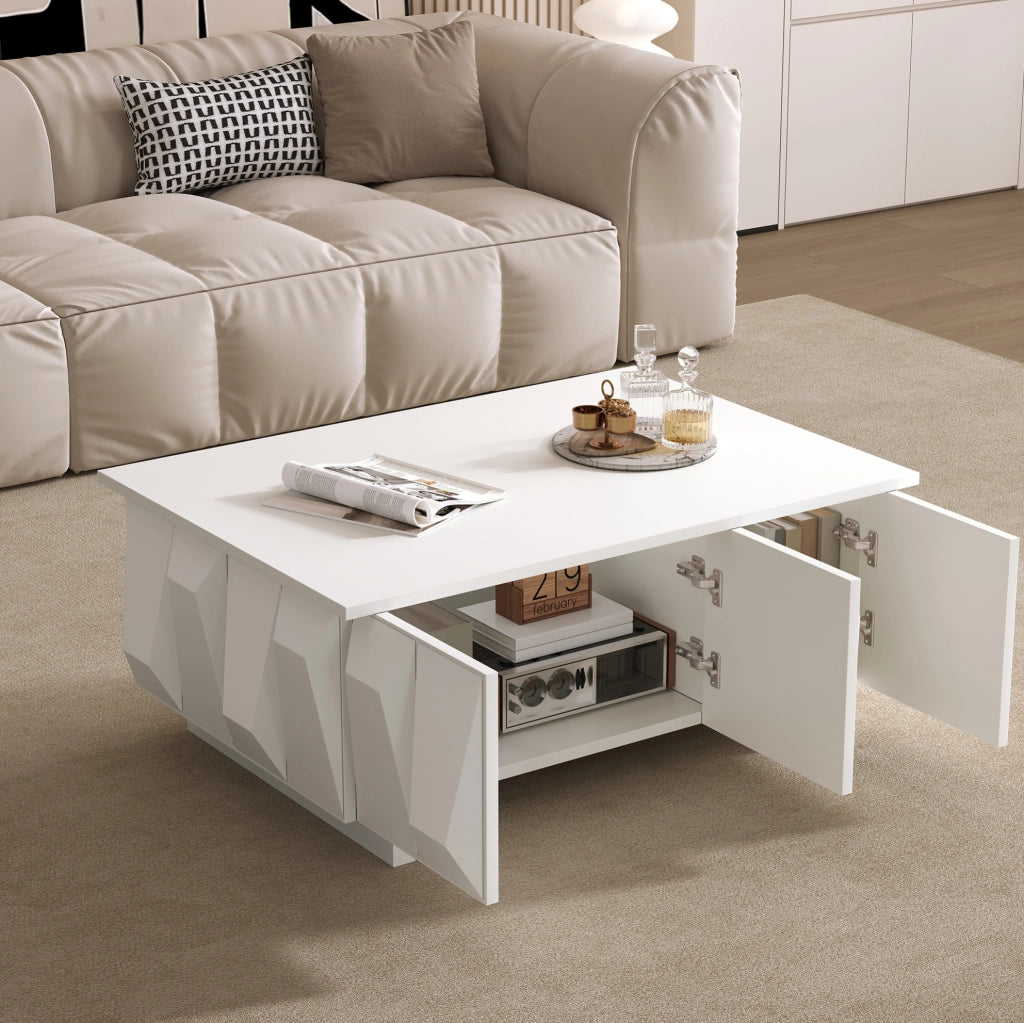 Tavolino da salotto moderno con spazio contenitore e frontali 3D; 95x67x39;5 cm; bianco