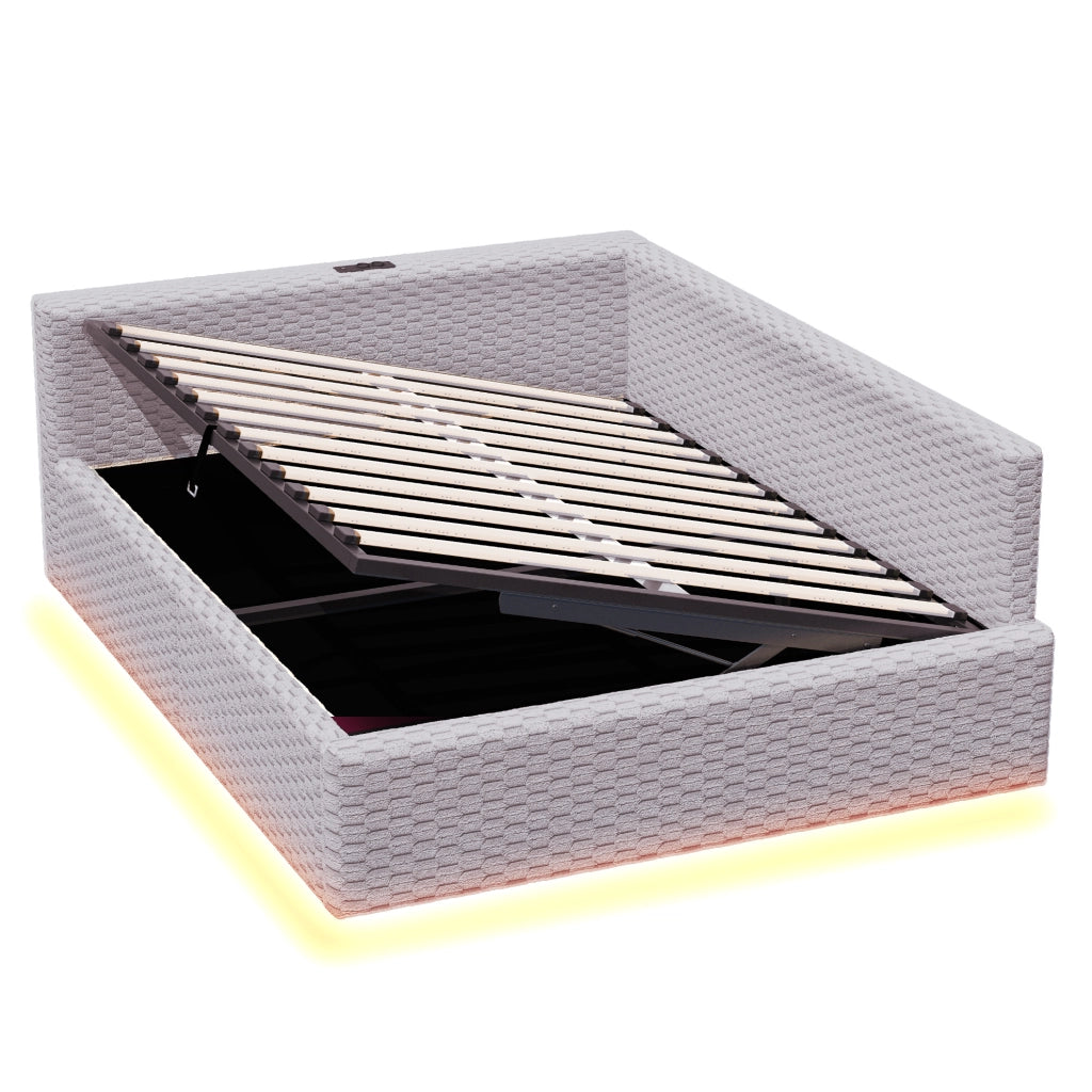 Letto imbottito 140x200 cm con illuminazione LED, ricarica USB e Type-C, schienale morbido a L, rivestimento in velluto, struttura idraulica grigio