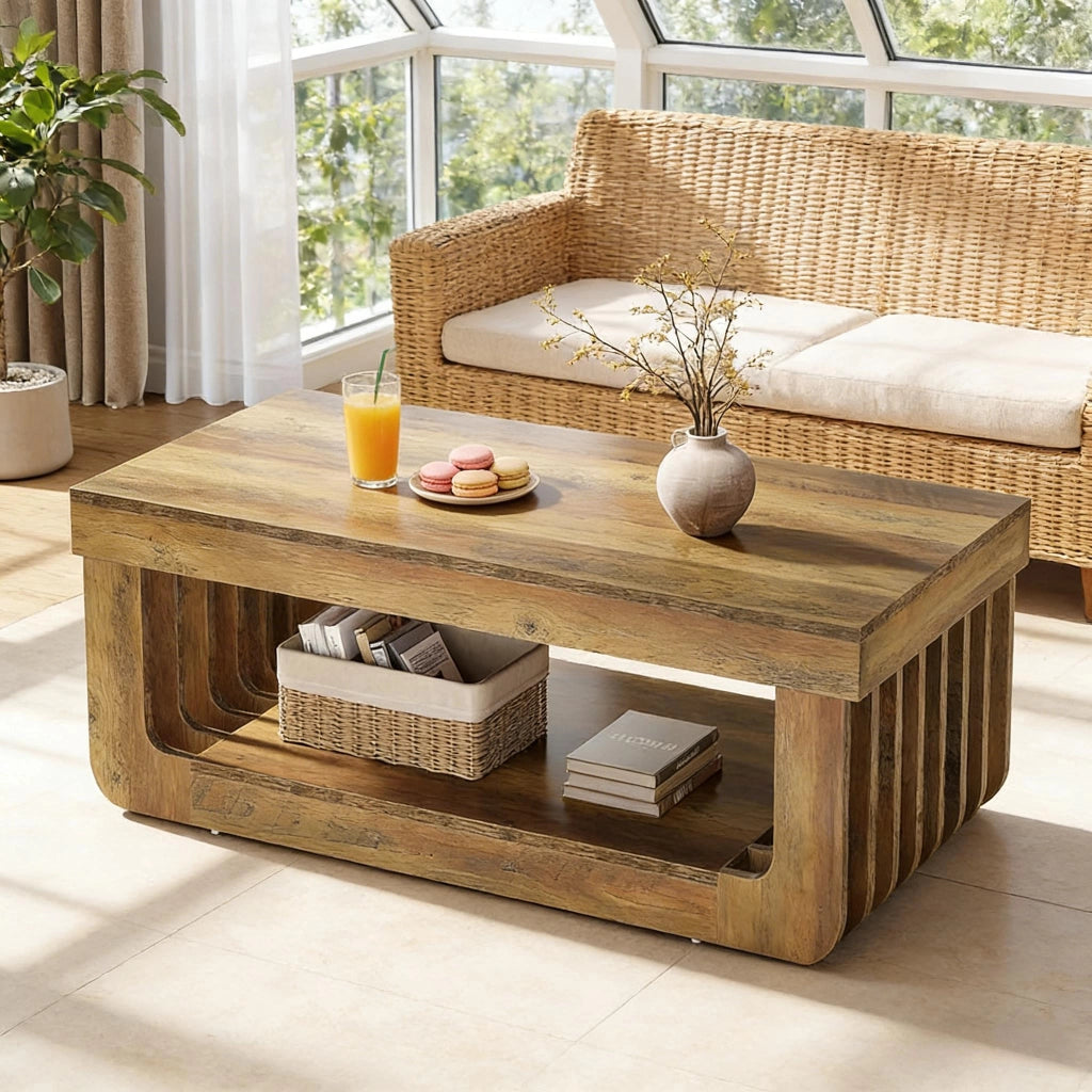 Tavolino da caff¨¨ a 2 ripiani 120x60x45 cm in MDF marrone con ripiano inferiore