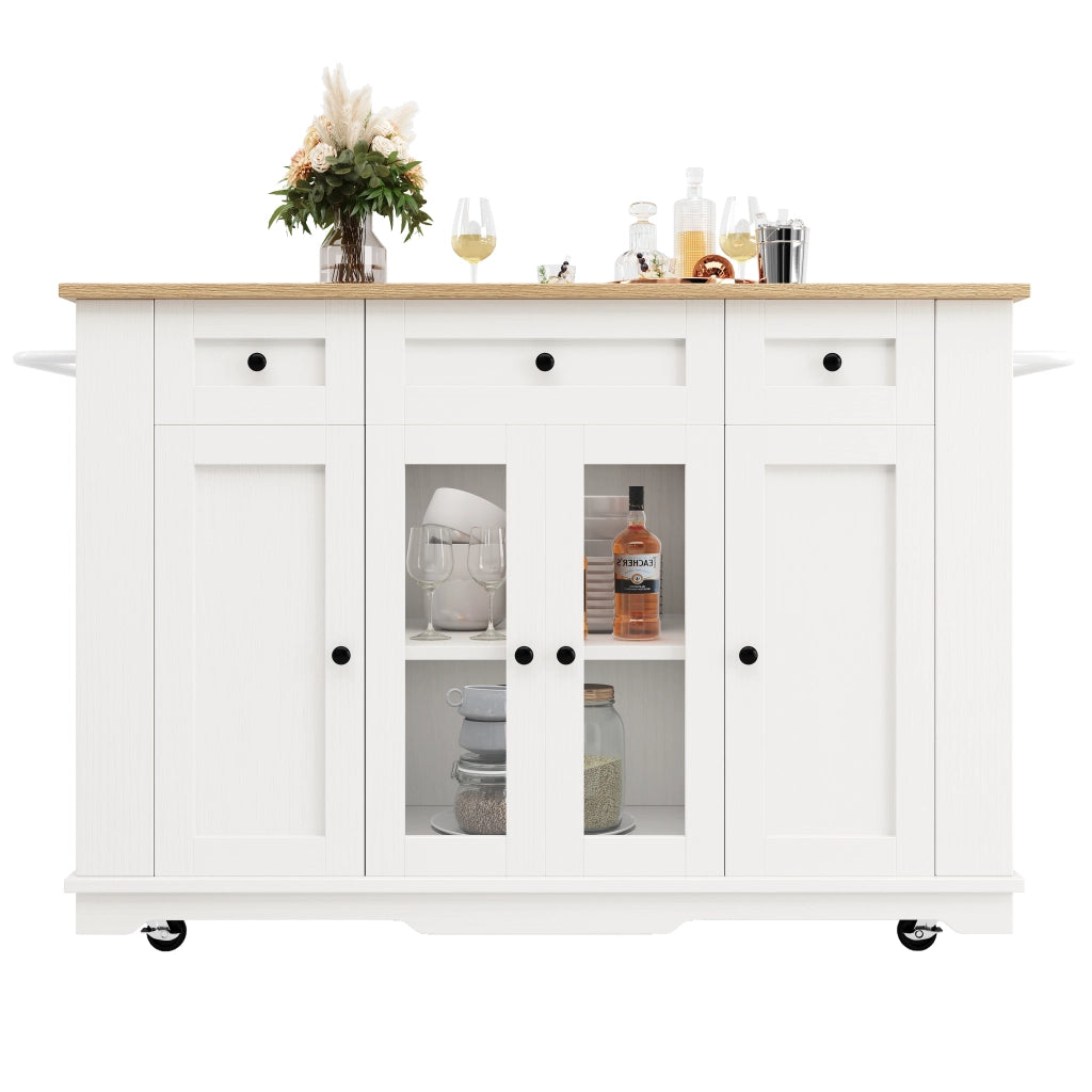Isola Cucina con Ripiani e Vetro Temperato ¨C Xylo ¨C Bianco, Piano in Legno