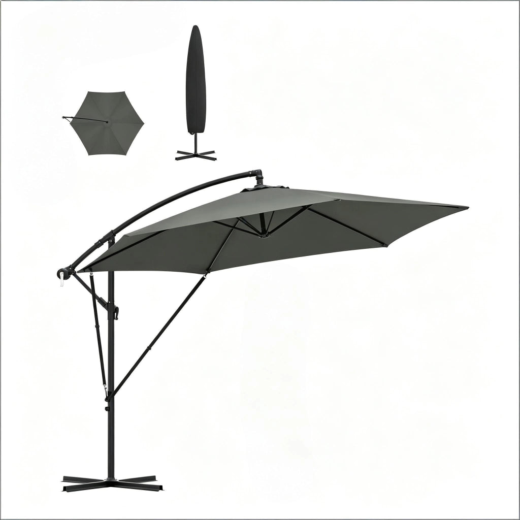 Ombrellone da giardino a sbalzo con manovella e inclinazione in metallo e poliestere grigio scuro 310 × 310 cm