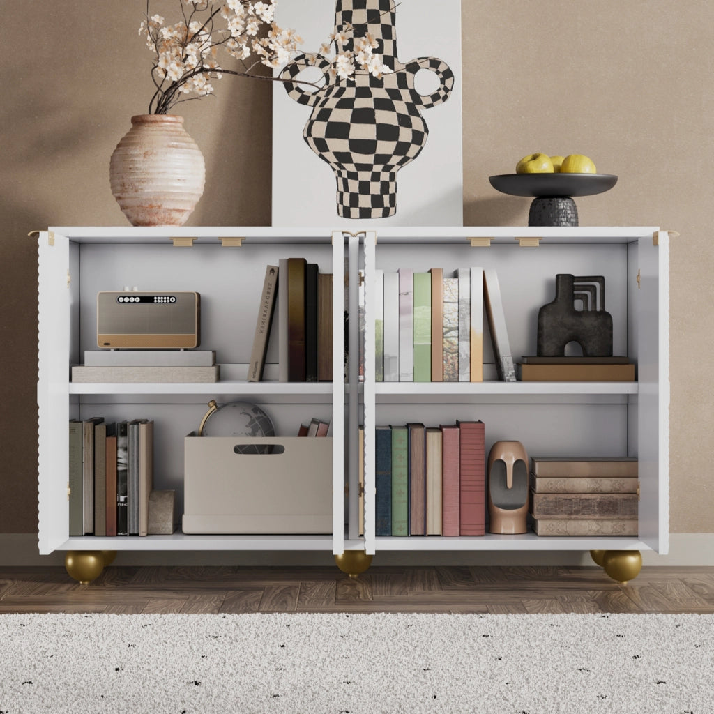 Credenza bianca a quattro ante 120 x 35 x 71;5 cm in MDF con gambe sferiche