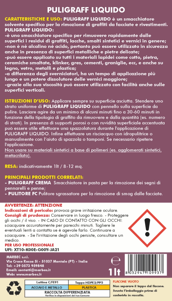 Smacchiatore per rimuovere graffiti PULIGRAFF LIQUIDO   1LTx6Pz