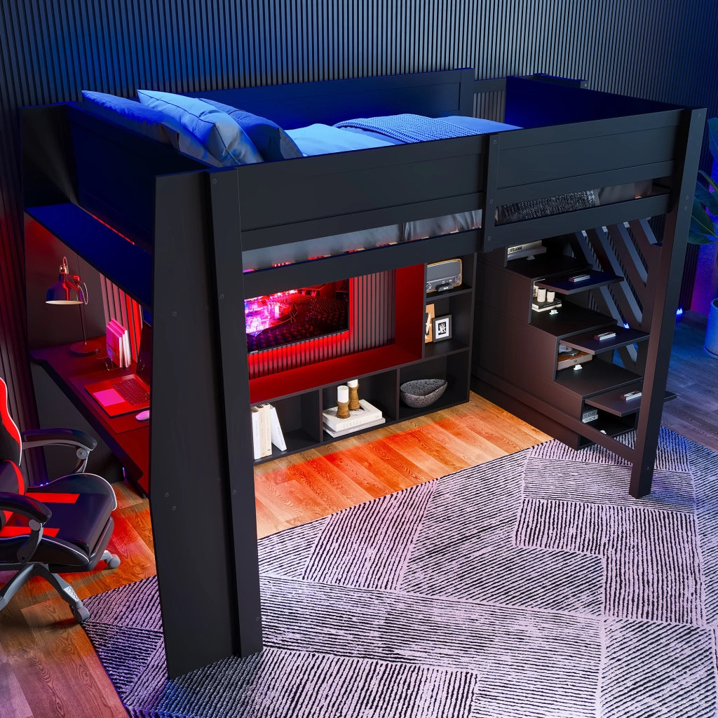 Letto a soppalco 140x200 in legno con scrivania e LED; nero