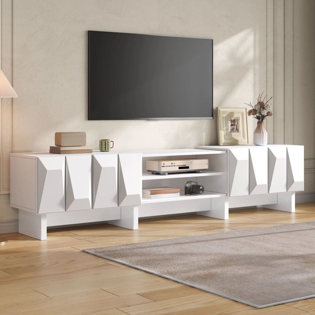 Mobile TV 180 cm in pannello truciolare bianco con 4 ante e vano aperto