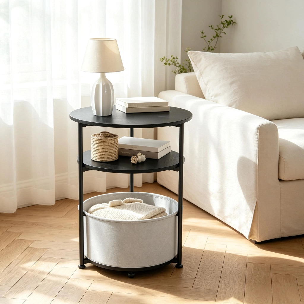Tavolino laterale rotondo con cesto in tessuto struttura in metallo nero per soggiorno e camera da letto 43 × 56 cm