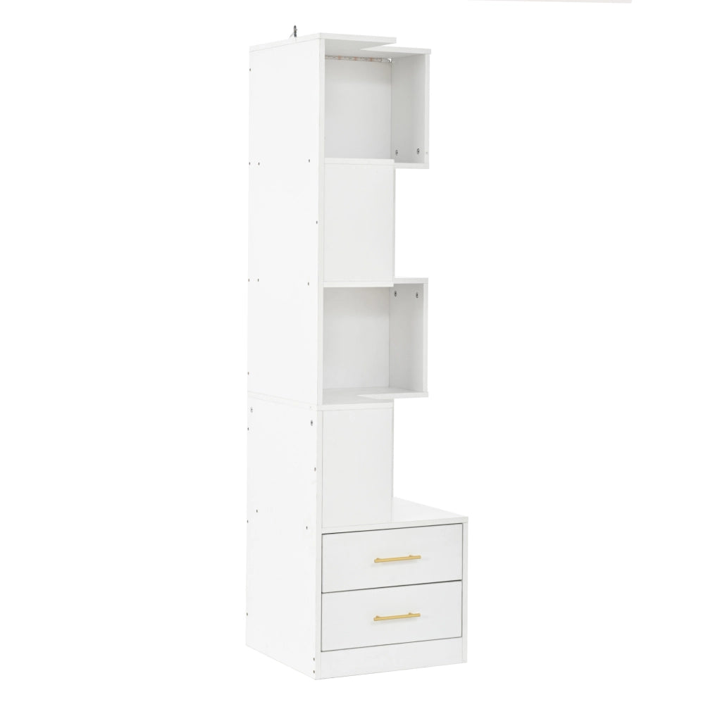 Libreria Angolare Bianca 165 cm con 4 Ripiani, LED Multicolore e 2 Cassetti, Mobile Soggiorno e Camera