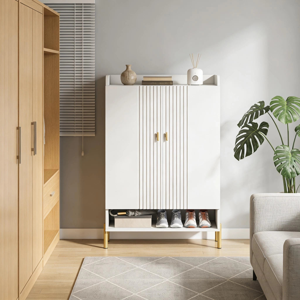 Scarpiera a 6 livelli con ante e ripiani regolabili in legno ingegnerizzato e metallo bianca 75 × 36.5 × 110 cm