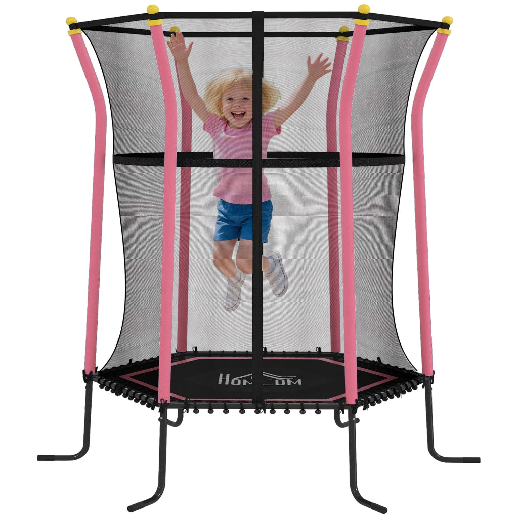 Tappeto Elastico per Bambini con Ingresso a Cerniera e Pali Imbottiti, in Acciaio, PP e EPE, 122x111x190 cm, Rosa