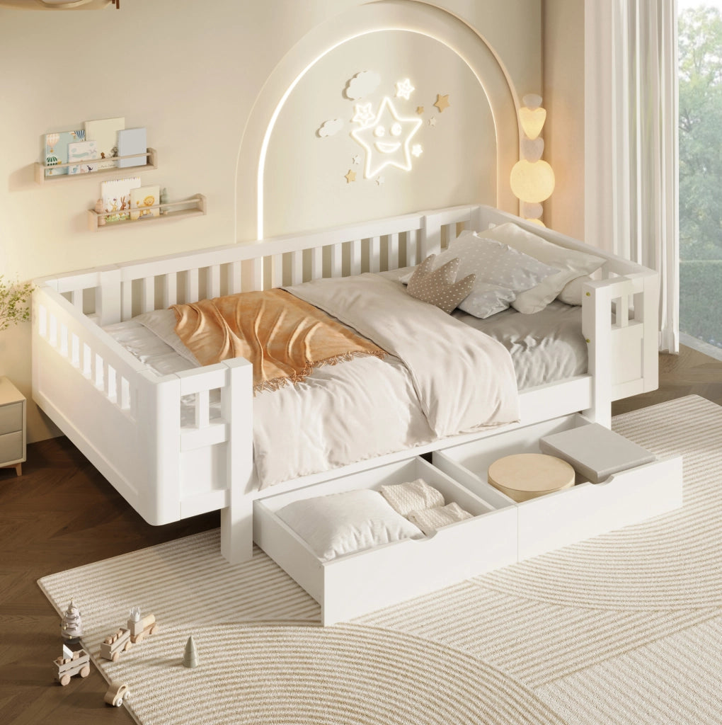 LETTO Piattaforma 90x200 cm con Sponde Alte e 2 Cassetti Bianco