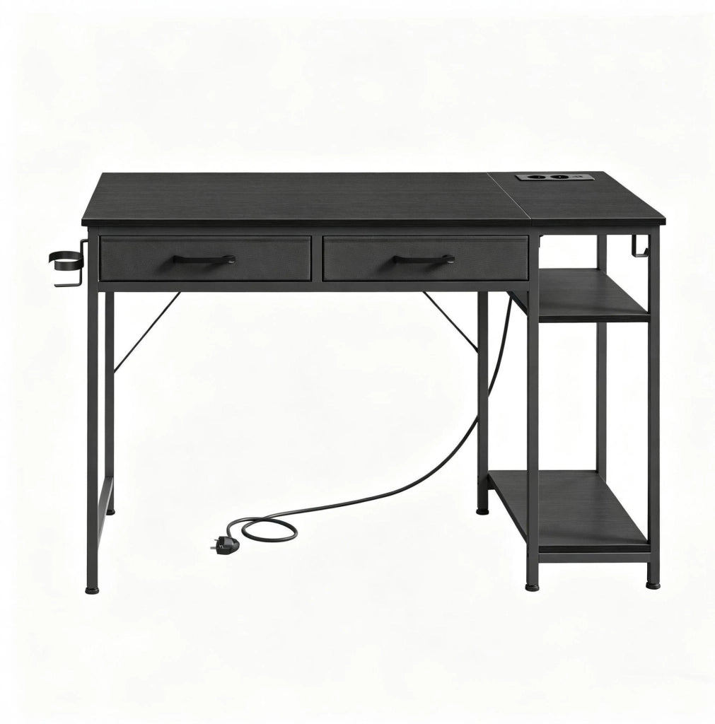 Scrivania moderna nera in metallo e legno con due ampi cassetti in tessuto e stazione di ricarica integrata, 120x51x75 cm