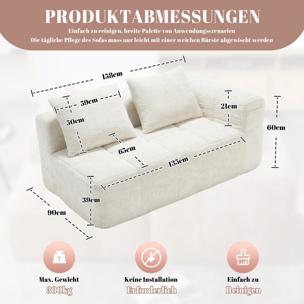 Divano 2 posti beige con chaise lounge, tessuto chenille, cuscino incluso e tasche laterali