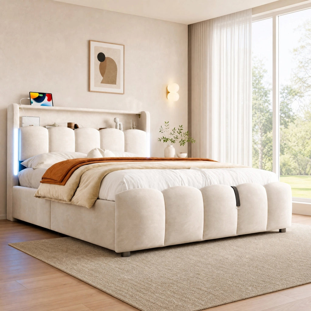 Letto imbottito 140x200 cm con contenitore idraulico e LED con USB e Type-C in velluto beige